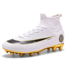 Load image into Gallery viewer, White Golden Men Football Boots High Ankle Soccer Shoe Women Soft Groud Man Football Shoes Botas De Futbol Socks Cleats Training